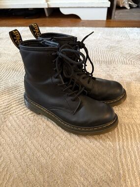 Dr. Martens Black Leather 8-Eye Lace-Up Boots with Yellow Stitching